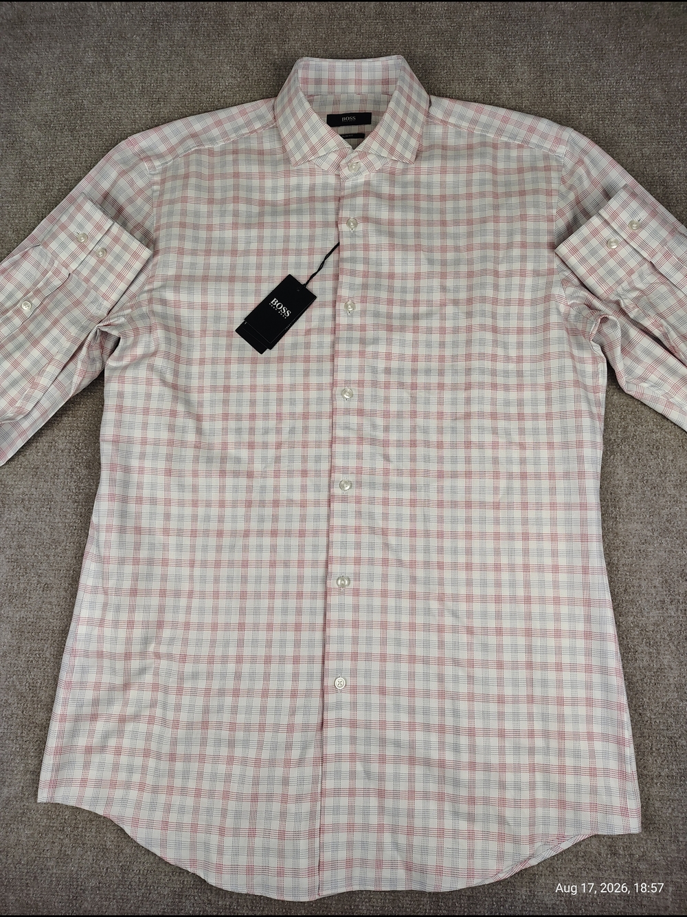 $138 Men's Hugo Boss Long Sleeve Plaid Dark Pink Slim Fit Cotton Shirt Sz 16/41